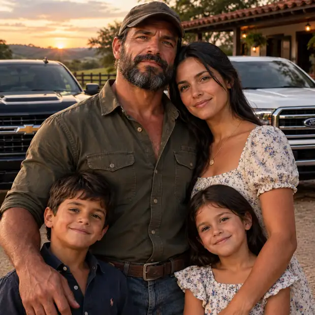 Homem com a esposa e os filhos na frente de casa